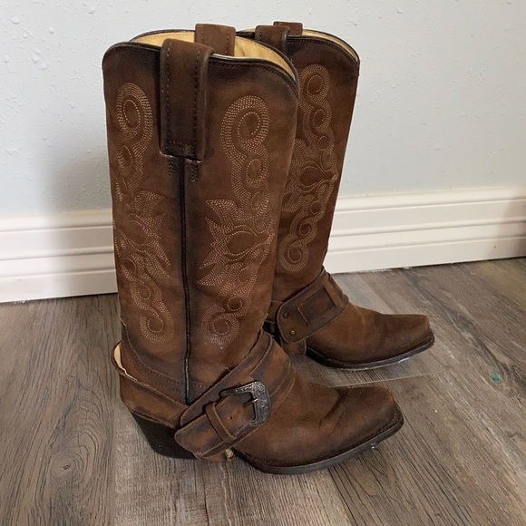 Rudel Womens Brown Leather Western Cowboy Harness Buckle Boots Square Toe 4.5E - Picture 6 of 12